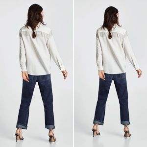 Zara Basic White Button Front Shirt Metal Fringe Chain Appliqué Detail Large